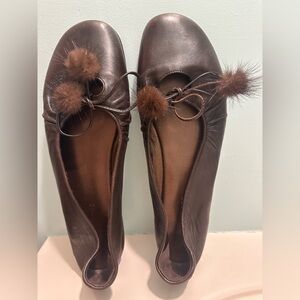 Taryn Rose Dark Brown Leather Flats with Pom Poms